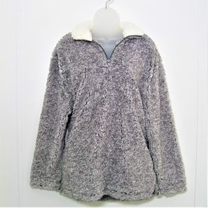 SWEATER sz L NWT FROSTED GREY FRONT ZIP FUR LOOK